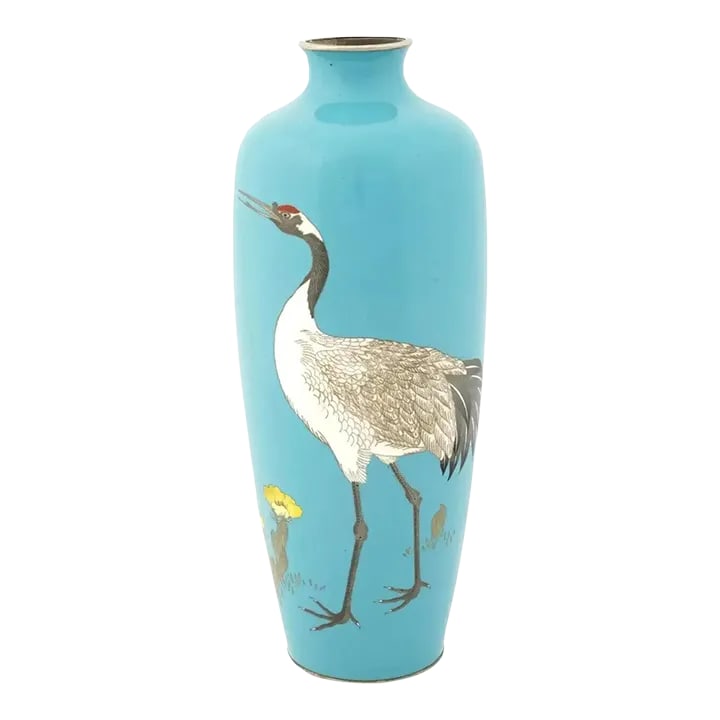 Antique Meiji Japanese Cloisonne Turquoise Enamel Crane Vase Signed Ota: A fine antique Japanese enamel brass vase featuring an elongated body with rounded shoulders and wide short neck. The surface is skillfully decorated with a polychrome cloisonne enamel image of a
