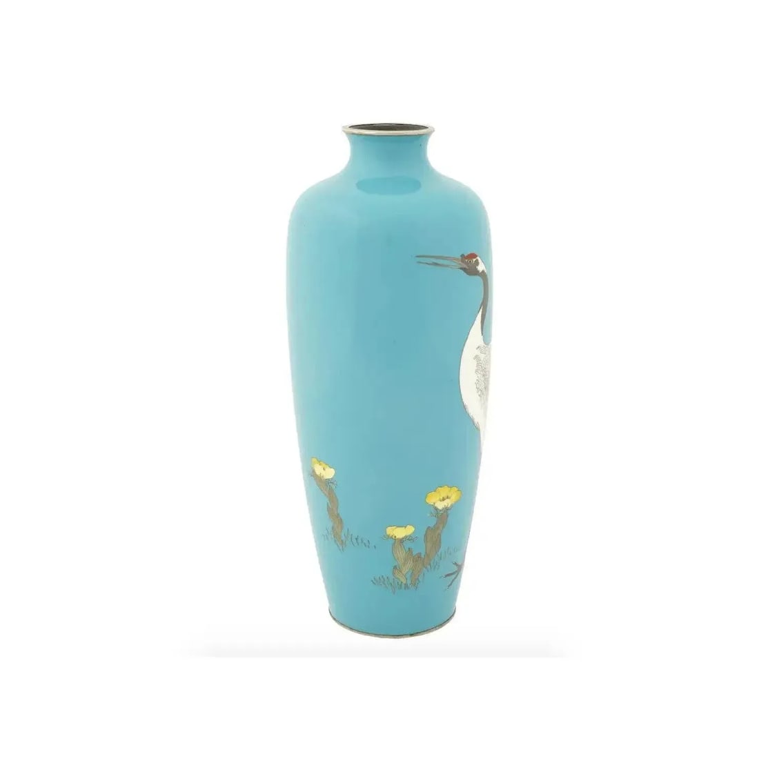 Antique Meiji Japanese Cloisonne Turquoise Enamel Crane Vase Signed Ota - 4