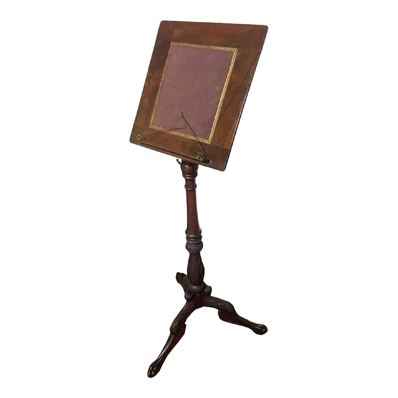 19thc American Chippendale Style Mahogany Music or Book Stand on Tripod Base: This unique floor-standing adjustable mahogany stand could accommodate both music or a book. Features include an acanthus leaf motif carved central shaft and knees on a tripod configuration