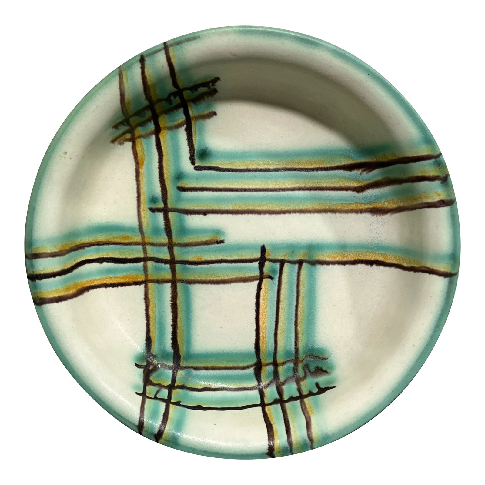 Early 20th Century Louise Harkort for Velten Vordamm Footed Pottery Bowl: Large footed pottery bowl with retro abstract design. Earthy tones of light yellow, green & brown. Cool form having scalloped body and rolled rim. Multiple uses, even makes for an awesome & stylish
