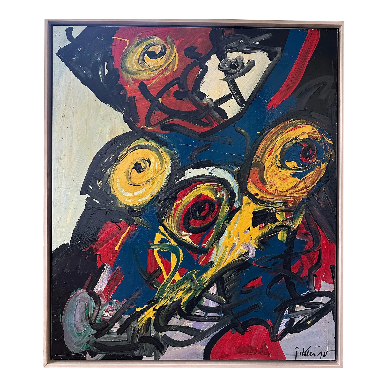 Rare Large-Scale Peter Keil Painting, 1990: Peter Keil is a German artist who focuses primarily on abstract expressionism. Keil painted with some of the greats, including Joan Miró, Pablo Picasso, and Andy Warhol, to name a few. This is a