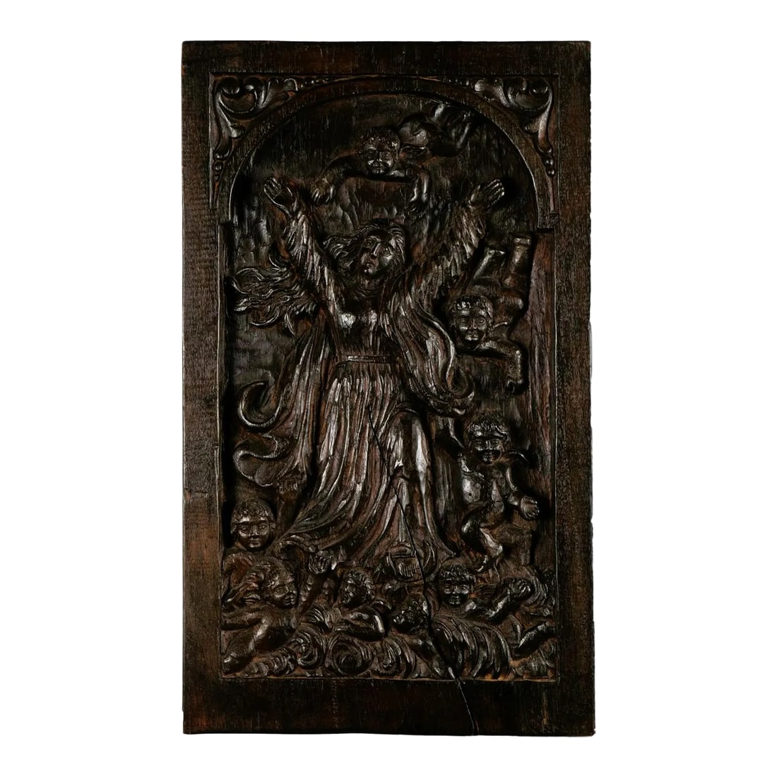 18th Century Spanish Colonial Religious Carved Wood Bas Relief Panel - Nuestra SeÃ±ora: 18th Century Spanish Colonial Religious Carved Wood Bas Relief Panel - Nuestra SeÃ±ora Reina De Los Ãngeles, honoring the Mother of God as "Our Lady Queen of the Angels." Provenance: a