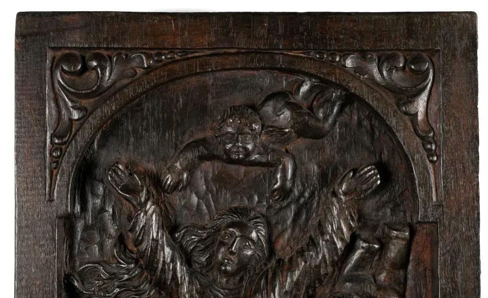 18th Century Spanish Colonial Religious Carved Wood Bas Relief Panel - Nuestra SeÃ±ora - 2