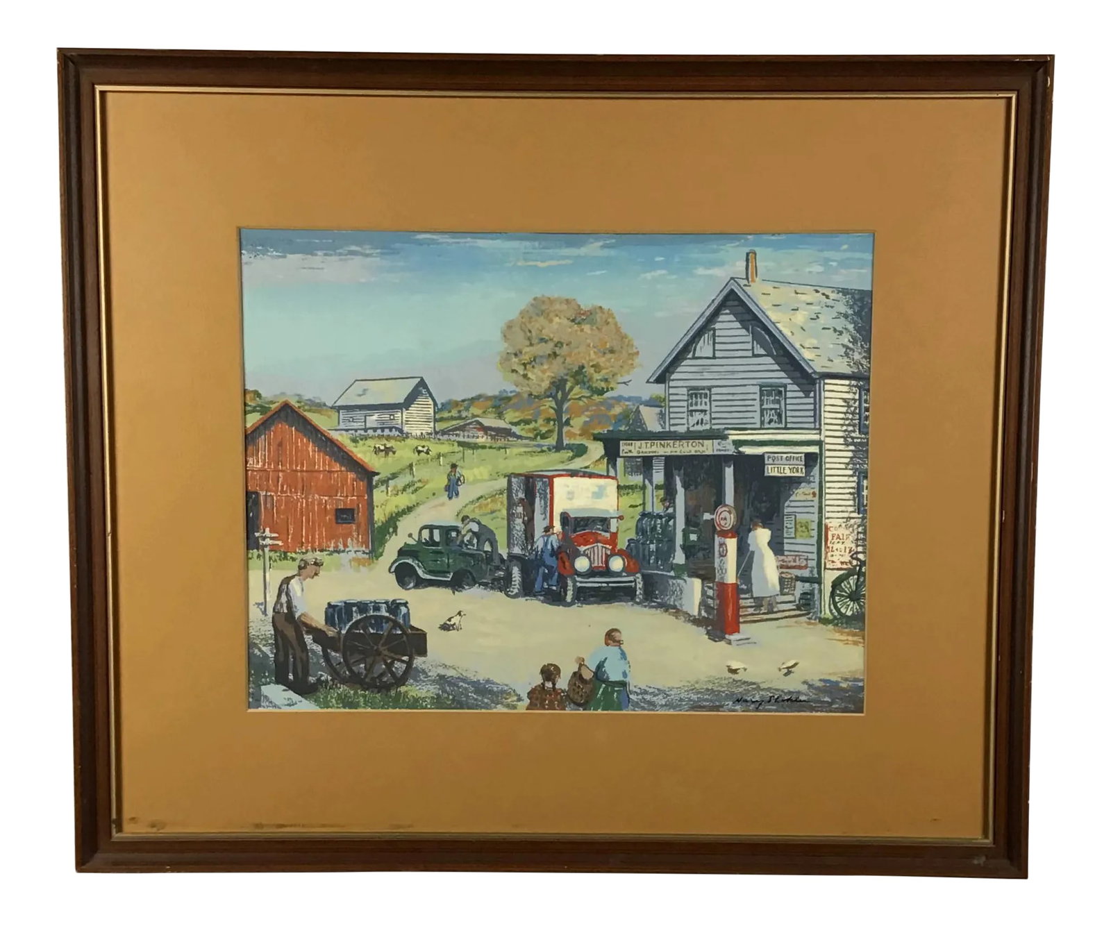 1940s Vintage Harry Shokler Pinkerton's Corner Original Serigraph Painting: Lovely colorful and vibrant serigraph work by the late Harry Shokler. (1896-1978) 16.5 x 12.5: Actual painting size without frame . Harry Shokler was born in Ohio, and studied at the Cincinnati Art