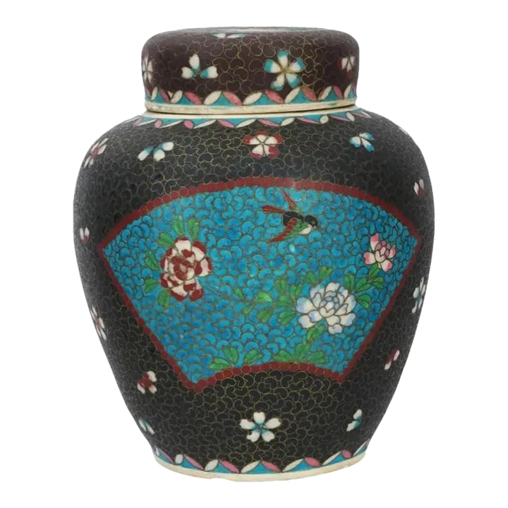 Large Antique Japanese Cloisonne Enamel on Porcelain Totai Jar Signed: A large antique Japanese late Meiji era covered Totai enamel on porcelain ginger jar. Circa: late 19th century to early 20th century. The ware is enameled with a polychrome fan shaped medallions with