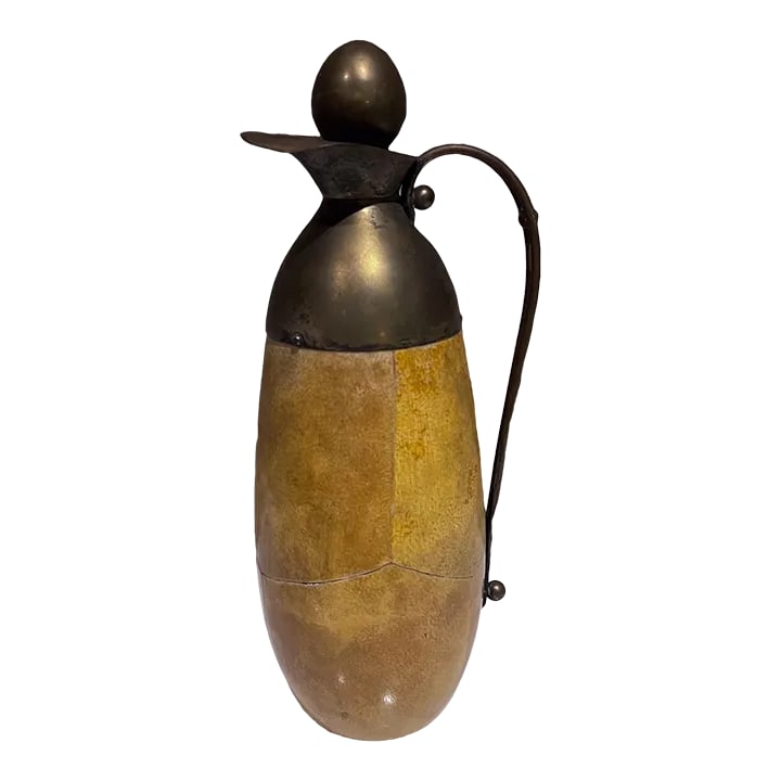 1950s Aldo Tura Goatskin Brass Carafe Thermos Italy: AMBIANIC presents 1950s Aldo Tura Goatskin Brass Carafe Thermos Pitcher made in Italy maker stamped. 11.5 h x 3.75 diameter x 4.5 d Preowned vintage wear, see all images provided. Condition: