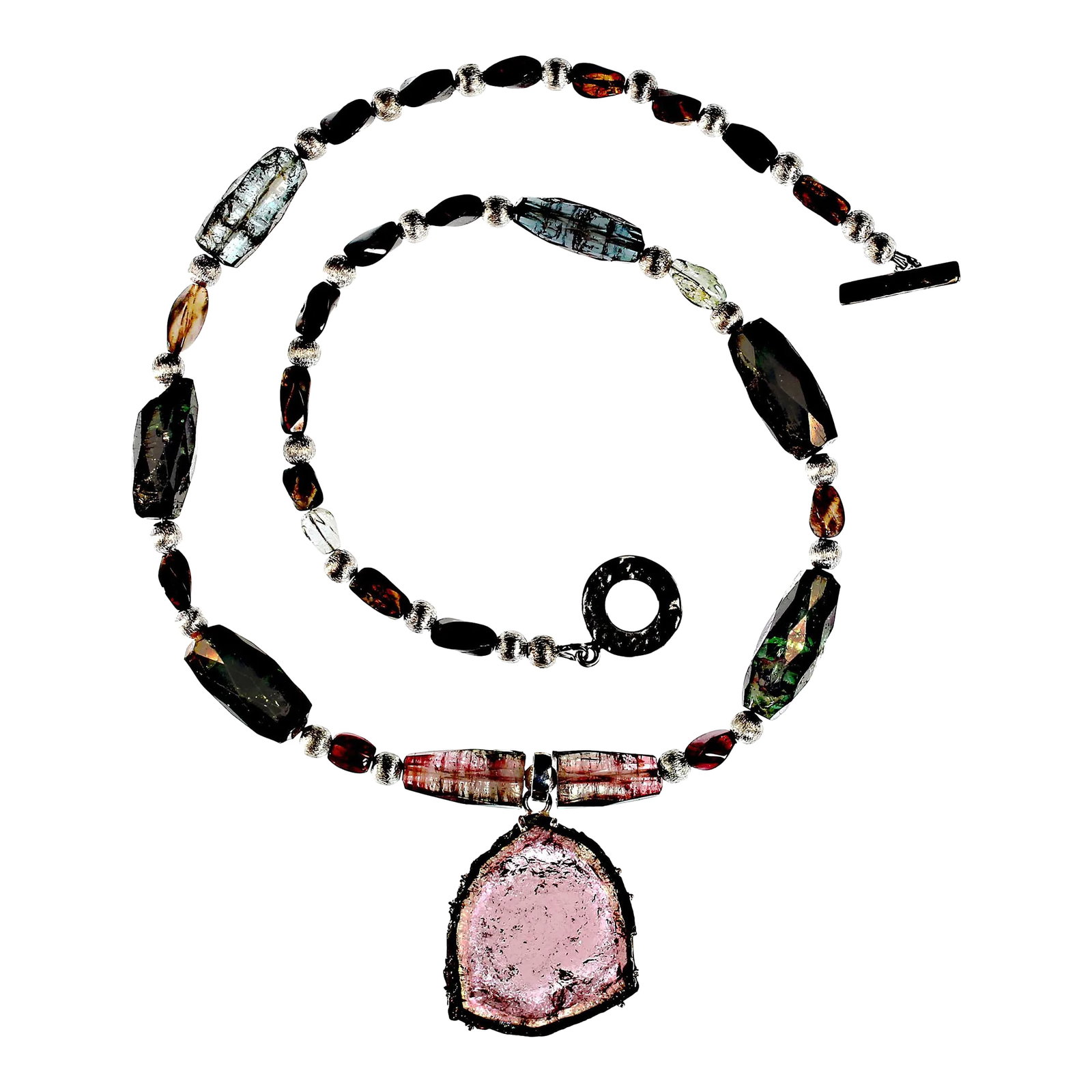 Multi Color Tourmaline Necklace and Watermelon Slice Pendant: This is part of Chairish's Fine Jewelry assortment. Exquisite Multi-Color Tourmaline Necklace with 50-Carat Watermelon Slice Discover the beauty of nature with this magnificent multi-color tourmaline