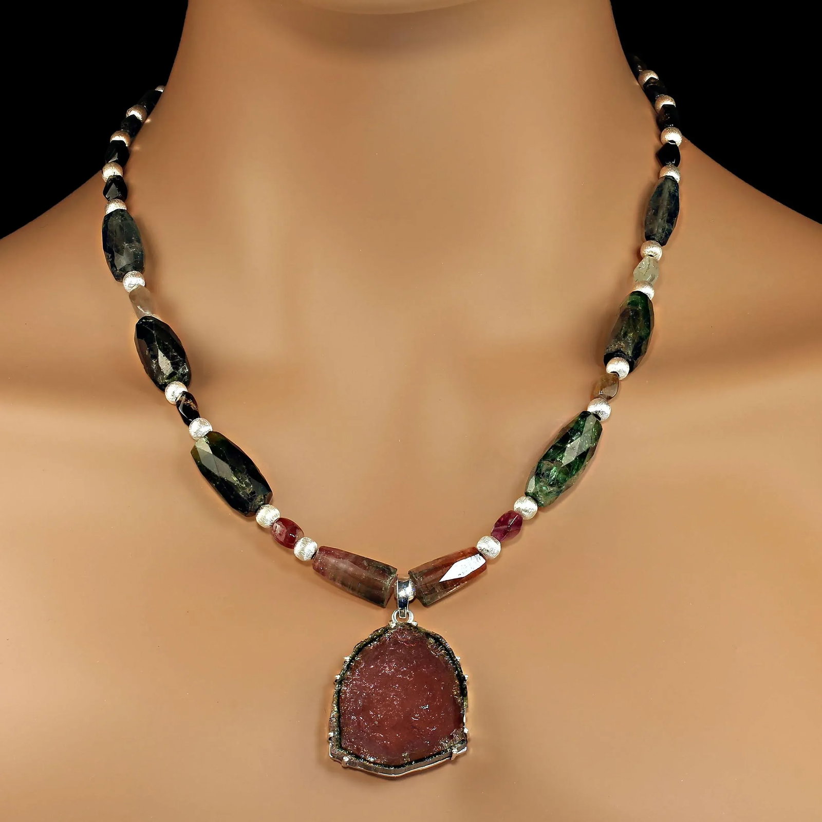 Multi Color Tourmaline Necklace and Watermelon Slice Pendant - 2