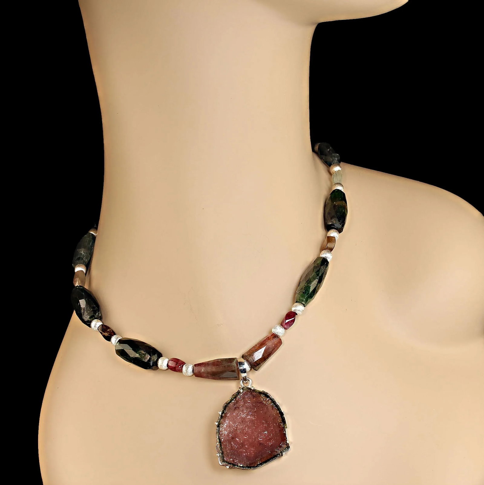 Multi Color Tourmaline Necklace and Watermelon Slice Pendant - 4