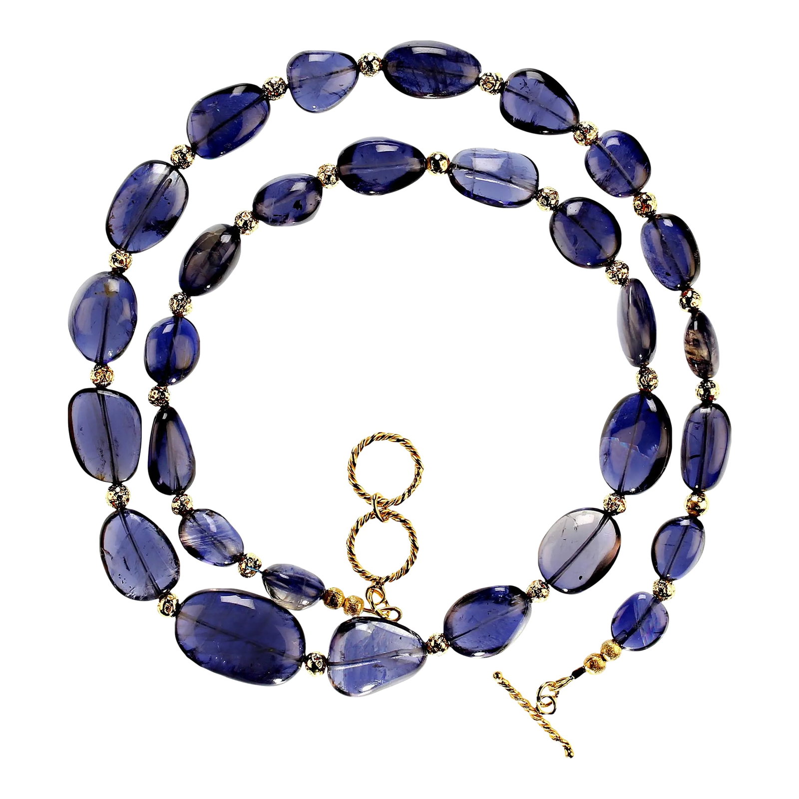 Necklace of Transparent Blue Iolite Goldy Accents: This is part of Chairish's Fine Jewelry assortment. Exquisite 25-Inch Graduated Iolite Nugget Necklace Elevate your jewelry collection with this stunning 25-inch necklace featuring graduated transpare