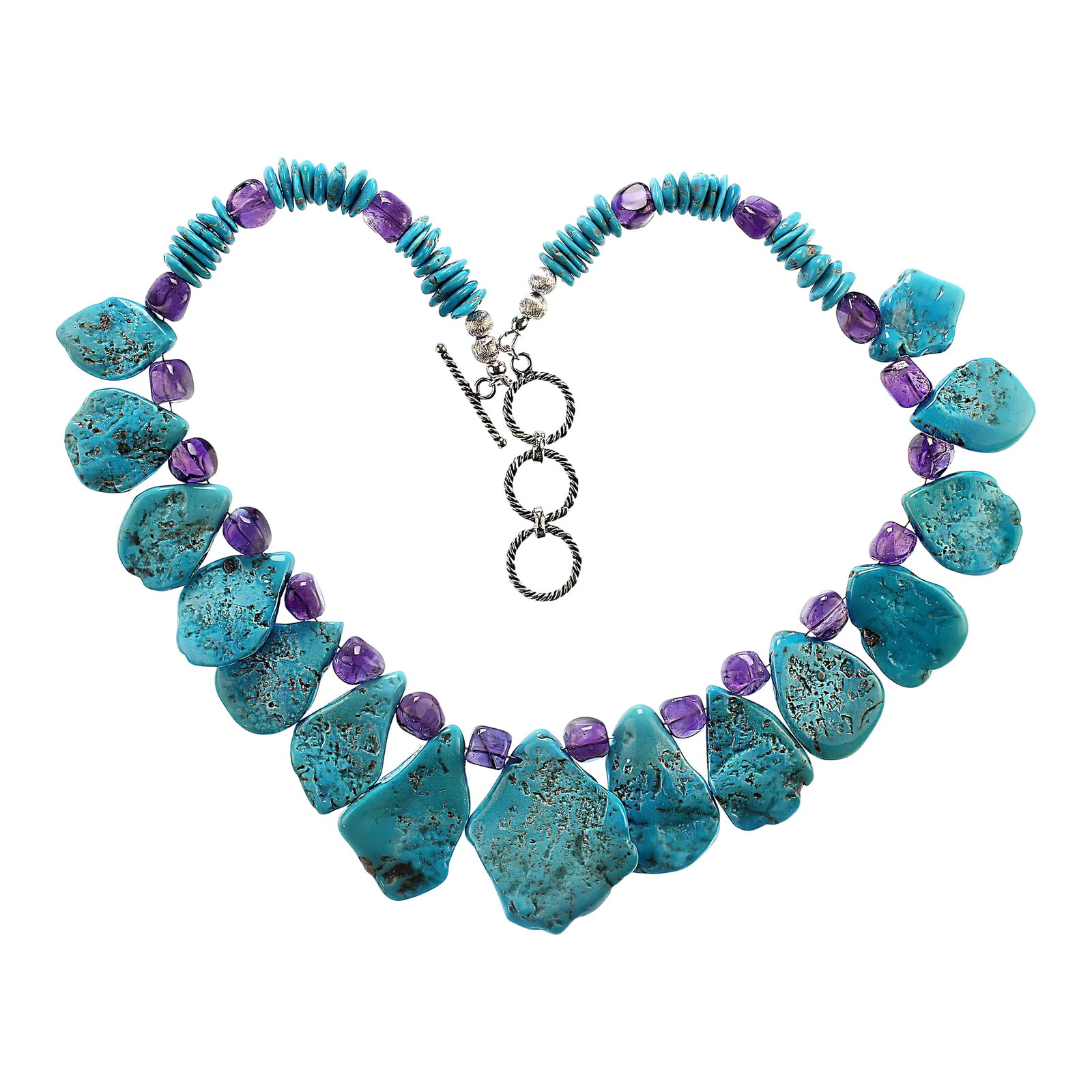 Graduated Sleeping Beauty Turquoise Tablets and Amethyst Necklace: This is part of Chairish's Fine Jewelry assortment. Stunning 18-Inch Sleeping Beauty Turquoise and Amethyst Necklace Elevate your jewelry collection with this one-of-a-kind 18-inch necklace,