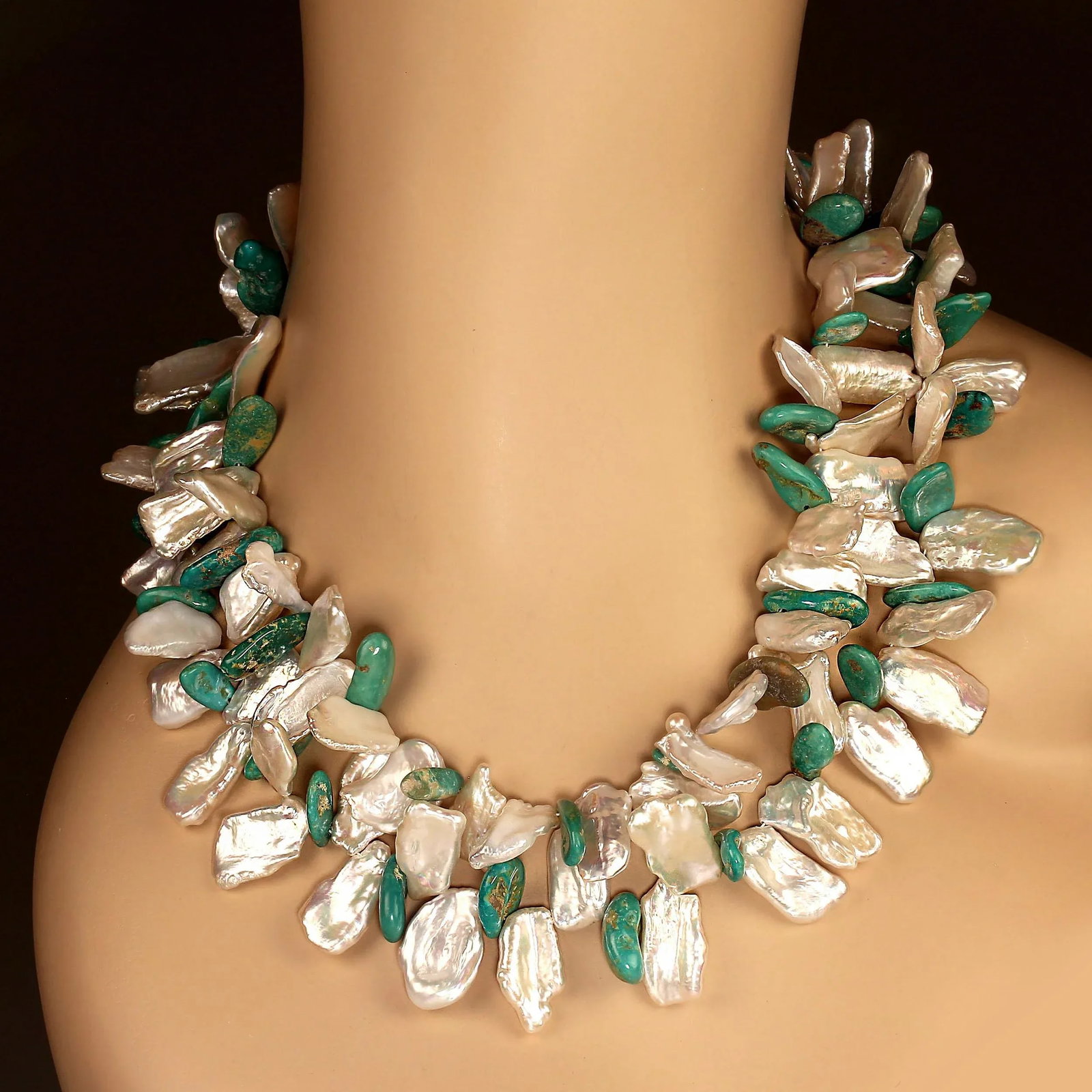 Elisa Turquoise Dangles and Flat White Keshi Pearls Necklace - 2