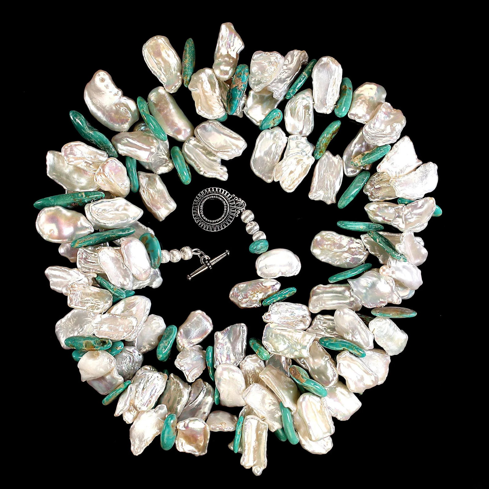 Elisa Turquoise Dangles and Flat White Keshi Pearls Necklace - 3