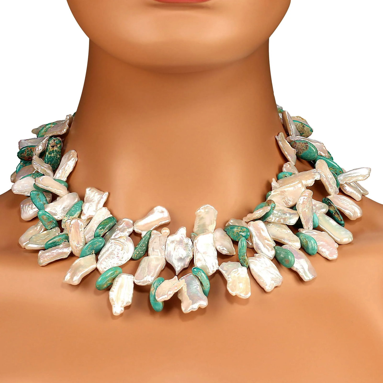 Elisa Turquoise Dangles and Flat White Keshi Pearls Necklace - 4