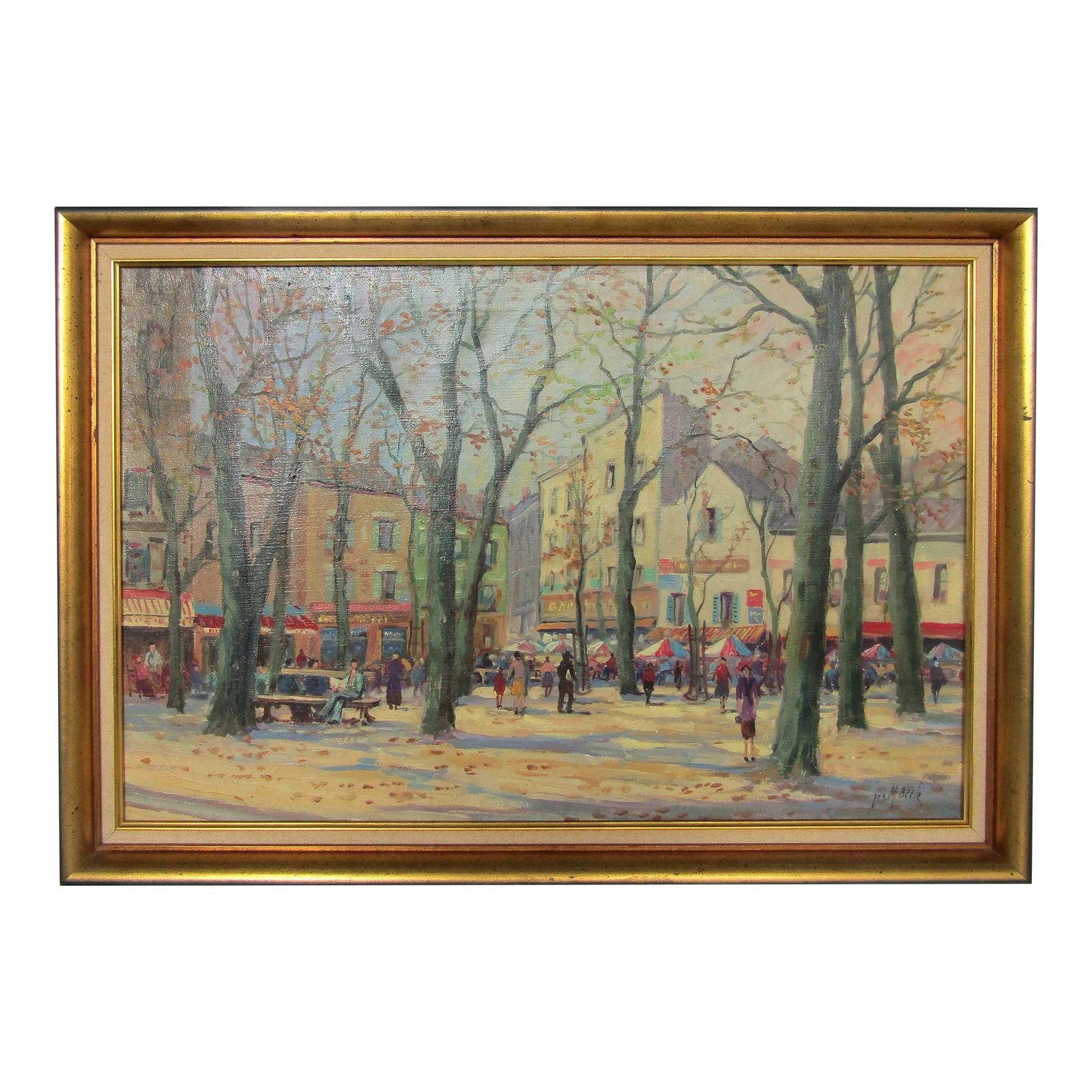 Impressionist Autumn Cityscape Early 20th-Century Oil Painting on Canvas Framed Signed: Impressionist Autumn Cityscape Early 20th-Century Oil on Canvas Framed Signed Impressionist oil painting of a city park with people among the autumn trees with a cityscape in the background. Overall m