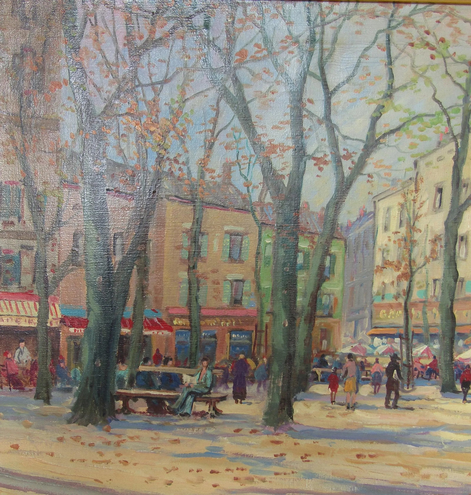 Impressionist Autumn Cityscape Early 20th-Century Oil Painting on Canvas Framed Signed - 2