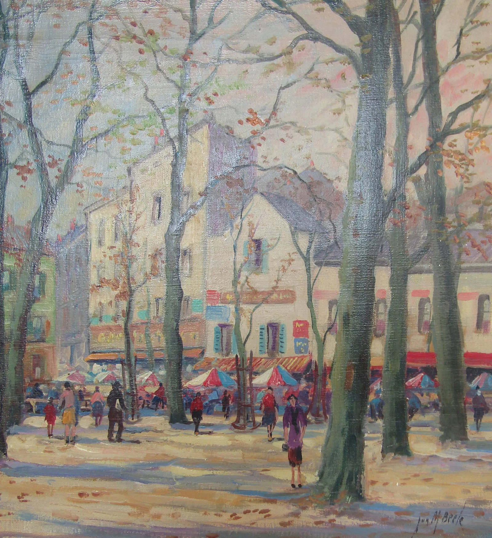 Impressionist Autumn Cityscape Early 20th-Century Oil Painting on Canvas Framed Signed - 3