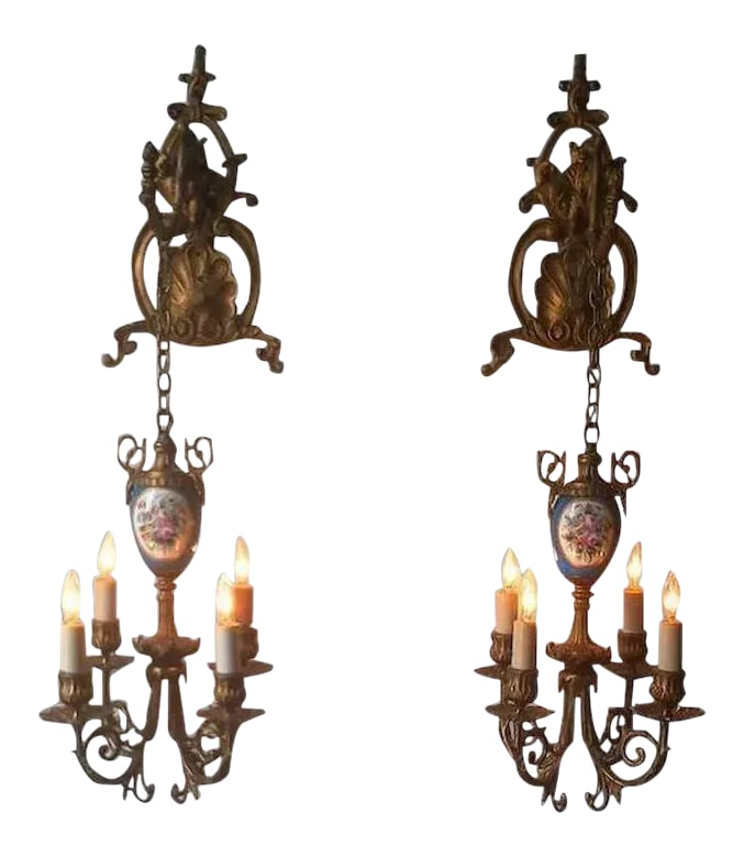 Floral Pendant Lights or Sconces - a Pair: This older pair of Pendant style Lights or Sconces is absolutely fabulous. Made of mixed metals and beautiful Sevres style floral hand painted porcelain inserts. With the original fixtures but