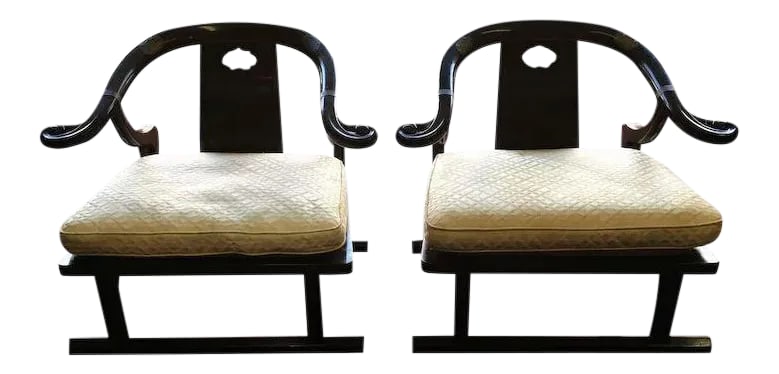 Baker Furniture Far East Collection Arm Chairs #2510 by Michael Taylor - a Pair: A pair of Baker Furniture #2510 Arm or Lounge chairs from the Far East Collection designed by Michael Taylor. These chairs are in their original finish and are in good vintage condition. The brass dec