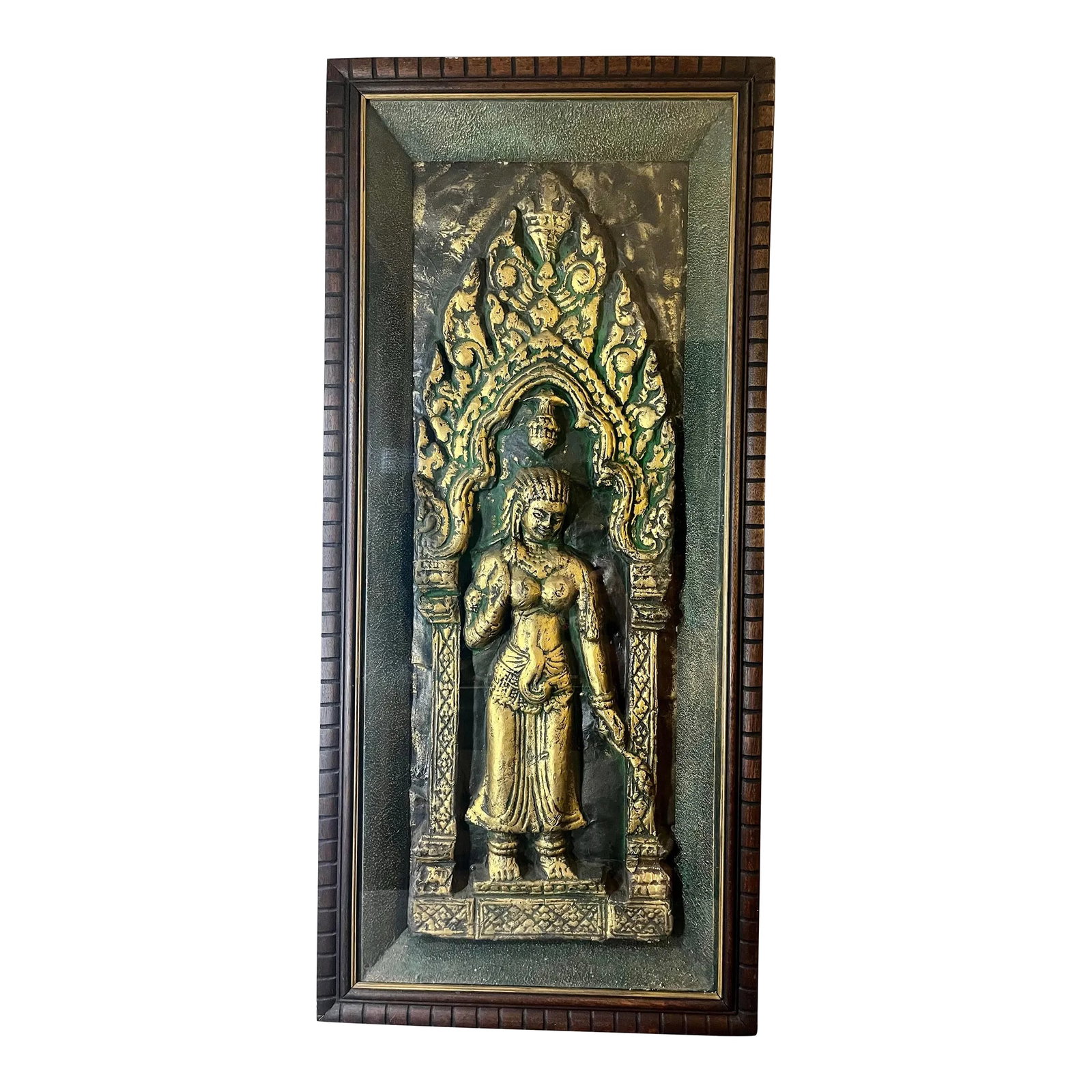 Mid 20th Century High Relief Angkor Wat Temple Rubbing, Cambodia: Rice paper temple rubbing in gold, green, and black in a beautiful wood framed shadowbox ready for hanging. Rare piece of this size and detail. This practice was made illegal in Cambodia & Thailand