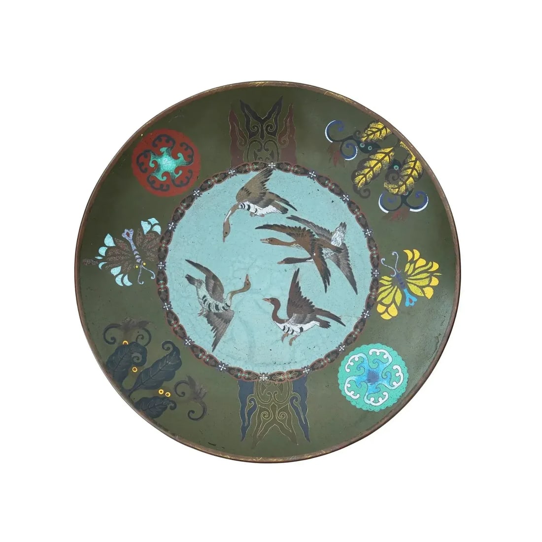 Antique Japanese Cloisonne Flying Geese Enamel Plate Goto School - 2