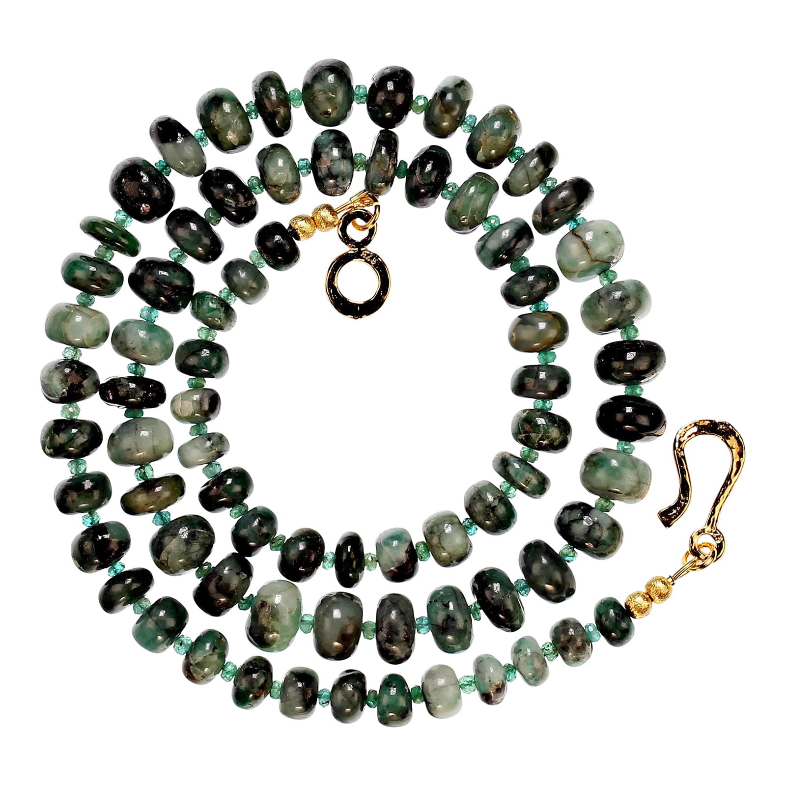 Graduated Rich Green Emerald Matrix Rondelle Necklace: This is part of Chairish's Fine Jewelry assortment. Exquisite 25-Inch Graduated Emerald Matrix Necklace Elevate your jewelry collection with this stunning 25-inch graduated emerald matrix necklace, a