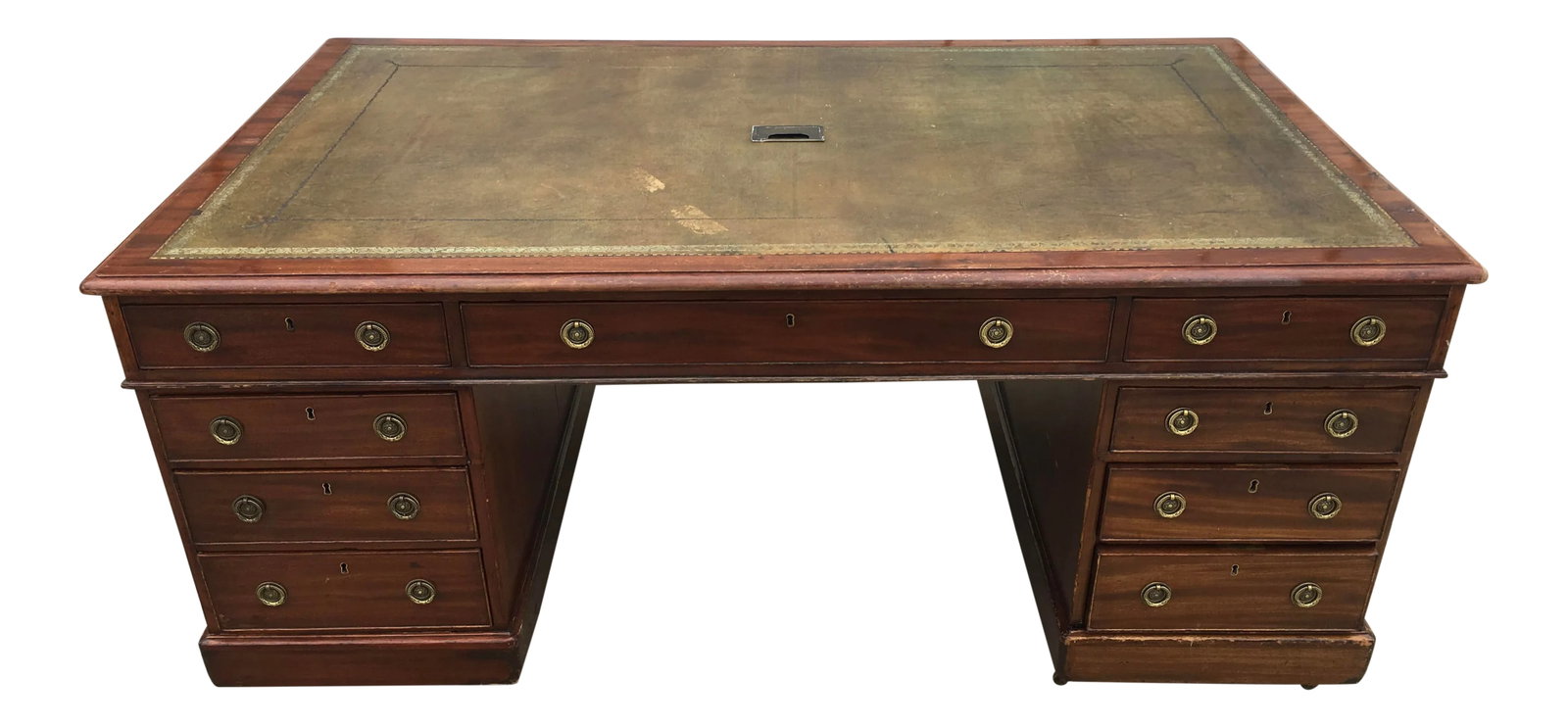 Rare Solid Mahogany Partners Desk With Olive Green Leather Top by Chubb & Son – Mid-19th (1 of 13)