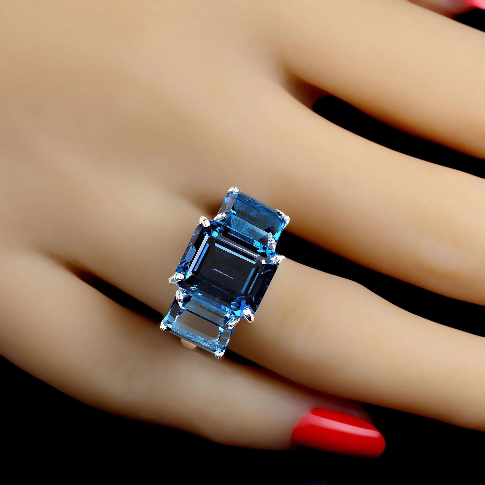 Classic Three Stone Ring of Emerald Cut London Blue Topaz Size 8 - 2