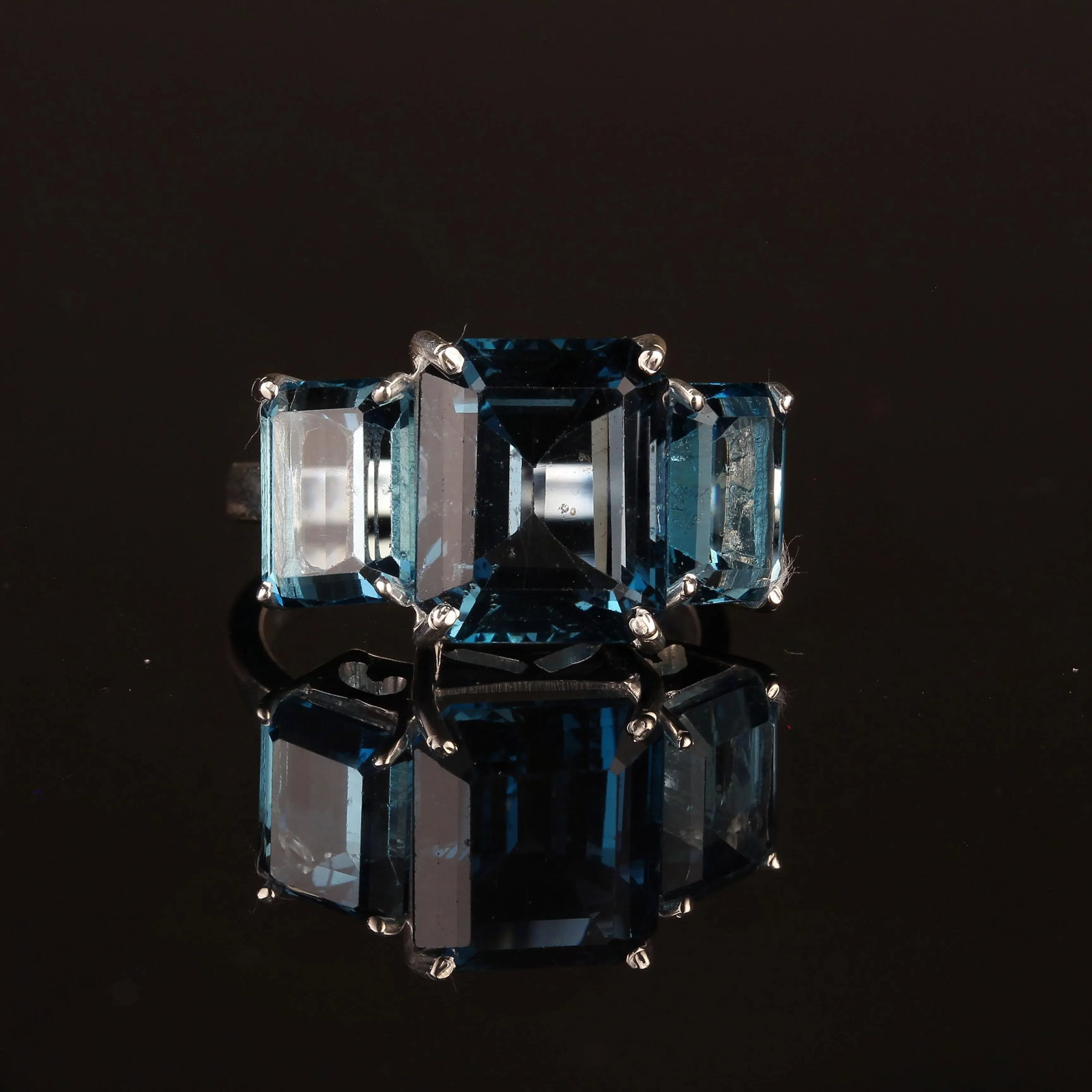 Classic Three Stone Ring of Emerald Cut London Blue Topaz Size 8 - 4