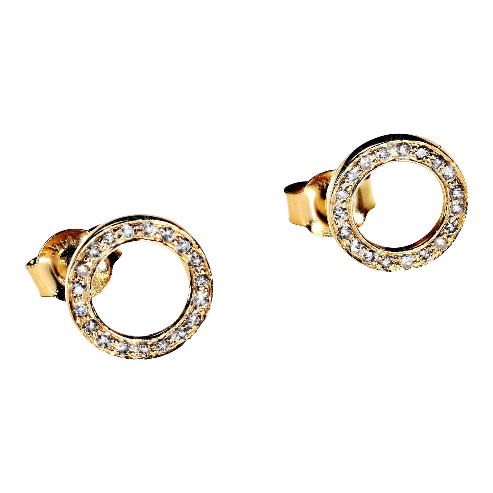 Diamond and 14 Karat Flat Circle Earrings April Birthstone - 2 Pieces: This is part of Chairish's Fine Jewelry assortment. Delicate Diamond Circle Earrings in 14KT Rich Yellow Gold Elevate your style with these delicate diamond circle earrings crafted from 14KT rich