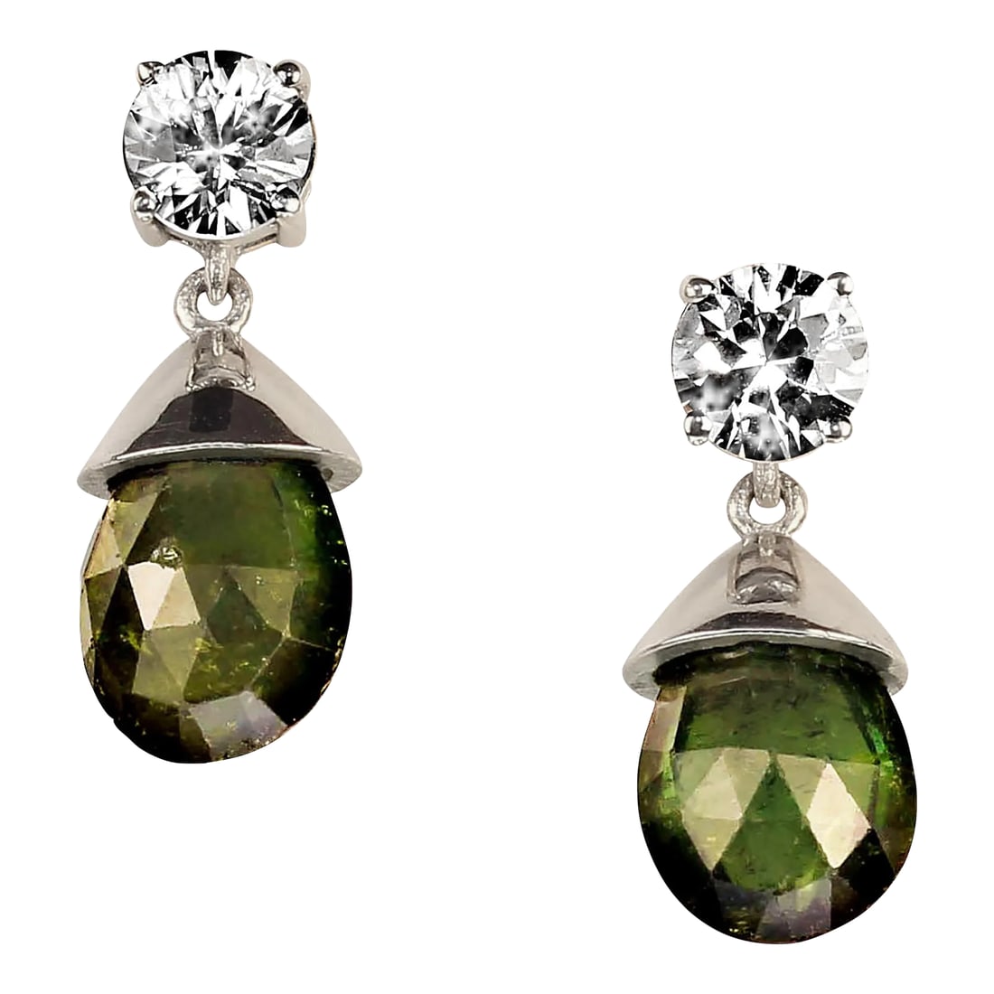 Evening Earrings of Genuine Zircons and Green Tourmalines - 2 Pieces: This is part of Chairish's Fine Jewelry assortment. Sparkling Green Tourmaline and Zircon Earrings in Sterling Silver Elevate your jewelry collection with these stunning green tourmaline and zircon