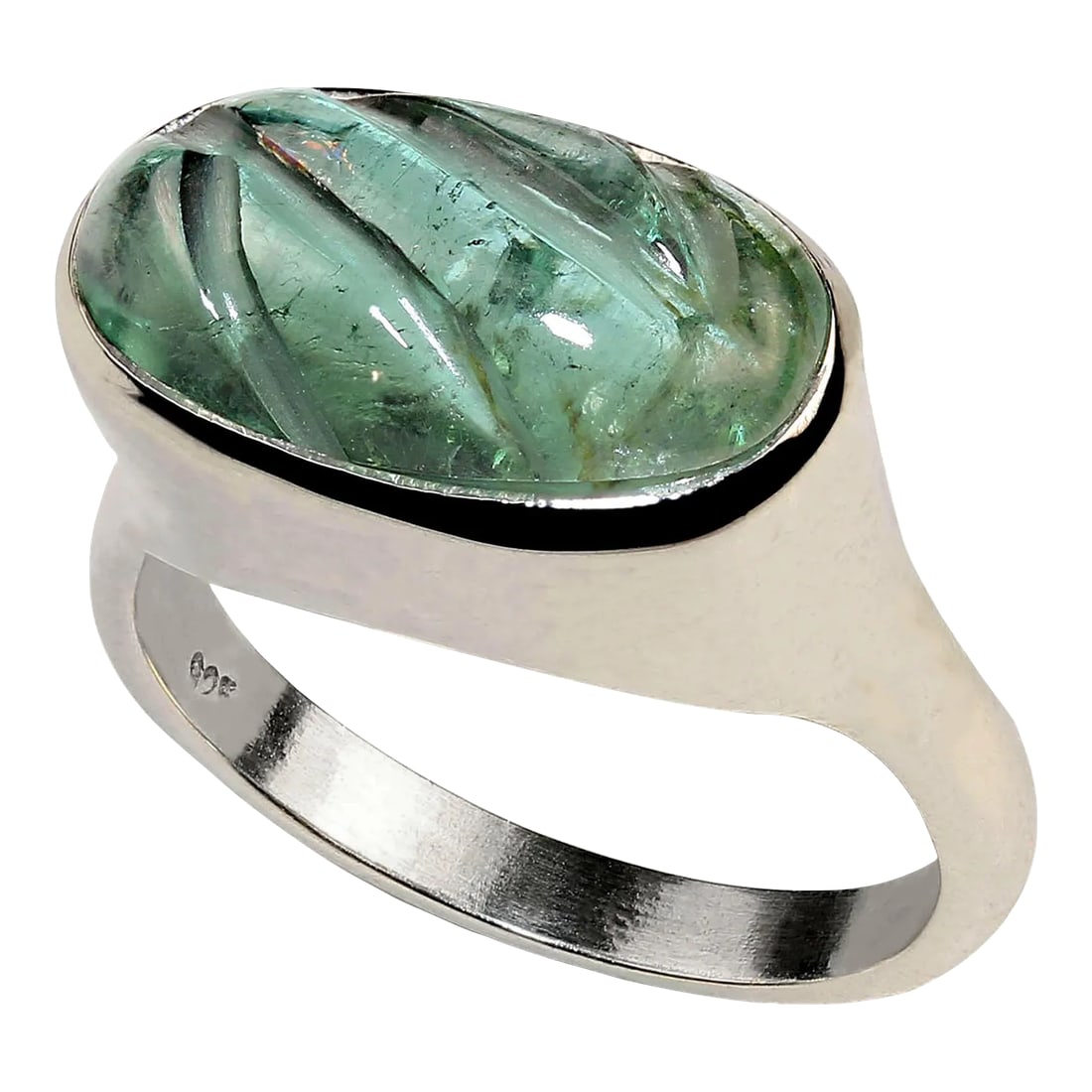 Carved Green Tourmaline and Sterling Silver Ring Size 7.75: This is part of Chairish's Fine Jewelry assortment. Unique, carved green tourmaline in a custom made Sterling Silver ring. The east-west bezel setting is absolutely beautiful. The smooth sterling