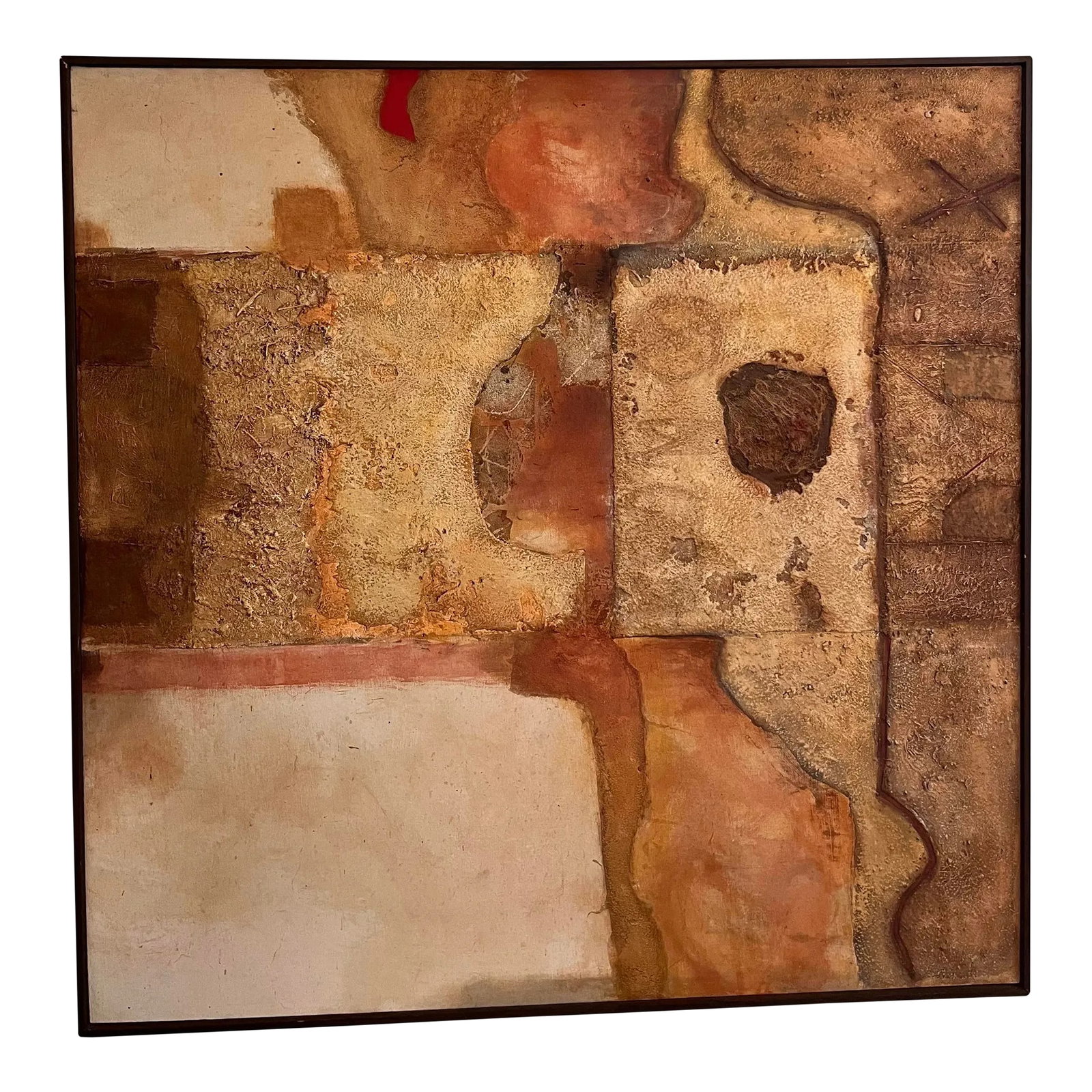 Mid Century Large Mixed Media Abstract Painting: Large mid century mixed media abstract painting with wonderful brown tones and texture. Signed on the back "NO 7 RAY COX". Wood frame. Condition: Alterations: Original Condition Unaltered