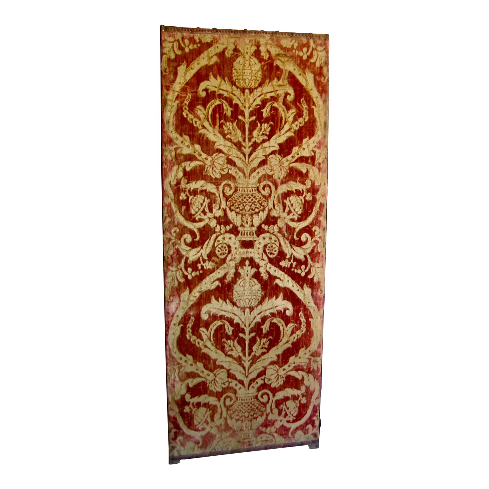 Venetian Silk Cut Velvet Panel Wall Tapestry 17 Century: Rare and outstanding cut velvet from Venice ,circa 1600 , silk on rustic linen trim , this piece present a wonderful baroque decor representing a urn with stylise plants and pomegranate , classic