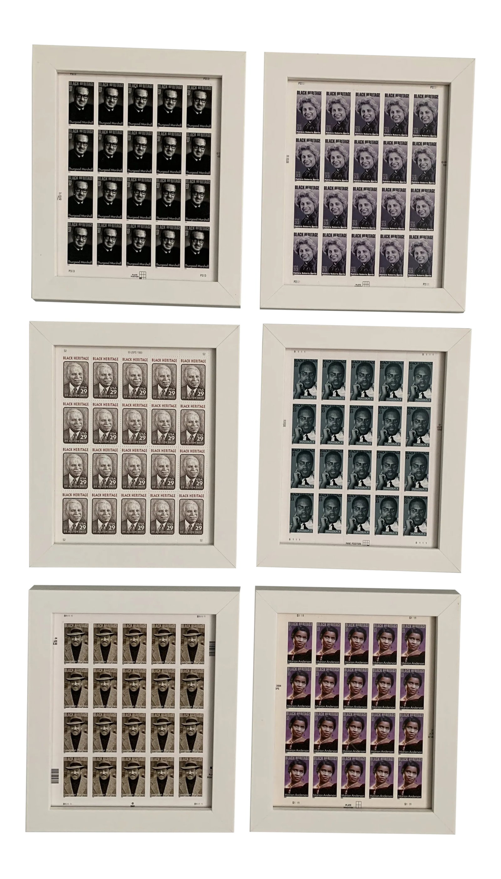 Late 20th Century Black Heritage Month Framed Stamp Collection - 6 Pieces: Rare Black Heritage Month framed stamp collection featuring a sheet of stamps for historic individuals including: 1. Thurgood Marshall 2. Patricia Roberts Harris 3. Malcolm X 4. Dr. Allison Davis 5.