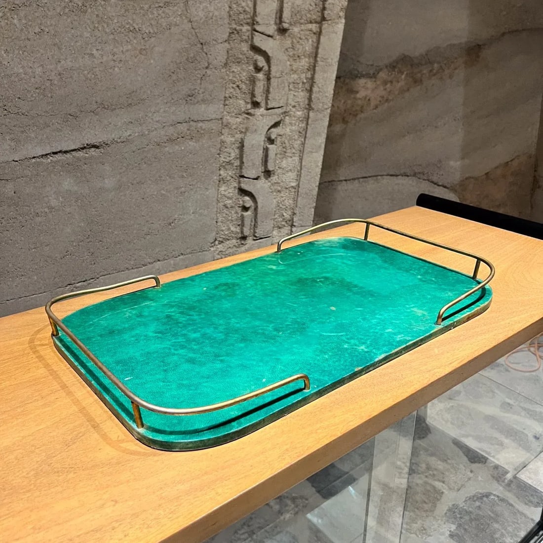 1950s Aldo Tura Green Serving Tray Lacquered Goatskin Milano - 3