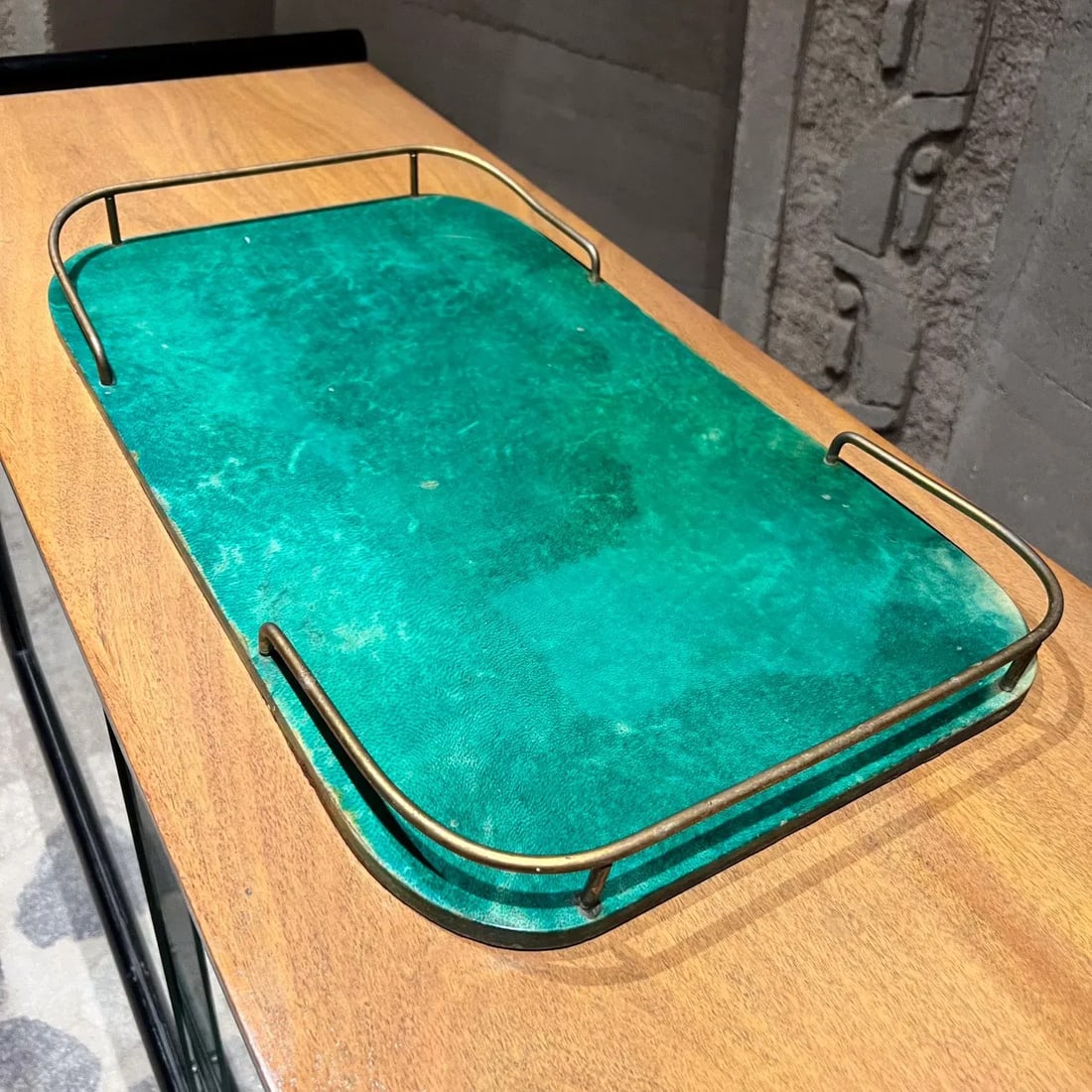 1950s Aldo Tura Green Serving Tray Lacquered Goatskin Milano - 5