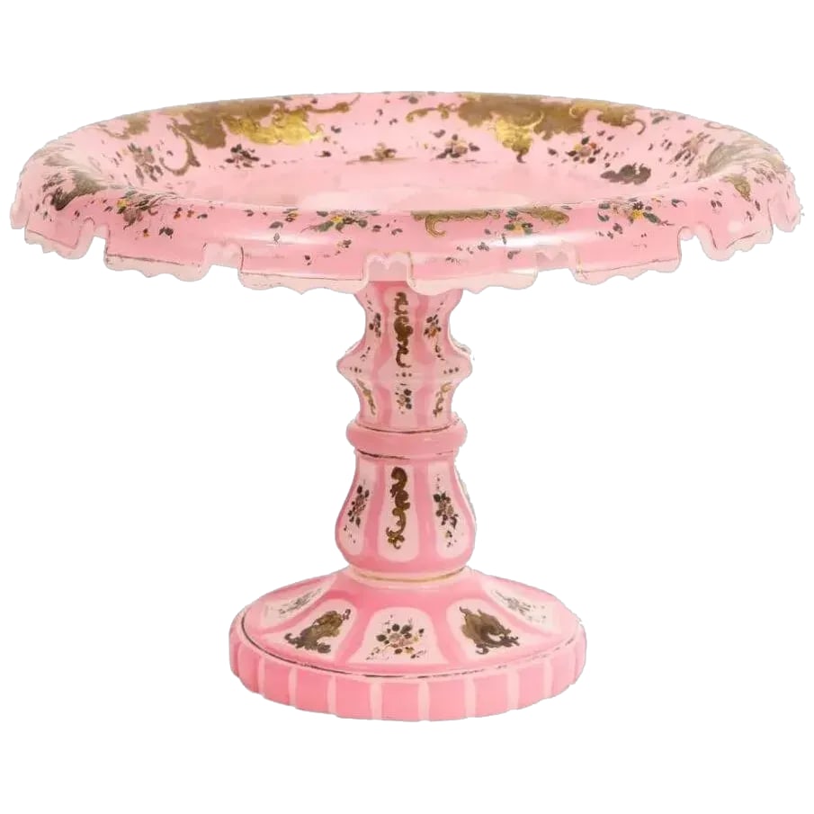 19th Century Pink Triple Overlay Enameled Bohemian Glass Cake Stand: Exceptional Quality Pink Triple Overlay Enameled Bohemian Glass Cake Stand Centerpiece, 19th century. Made for the Ottoman Islamic market. Fantastic detailing throughout, enameled with flowers.