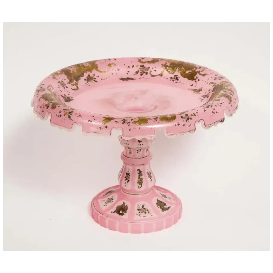 19th Century Pink Triple Overlay Enameled Bohemian Glass Cake Stand - 6
