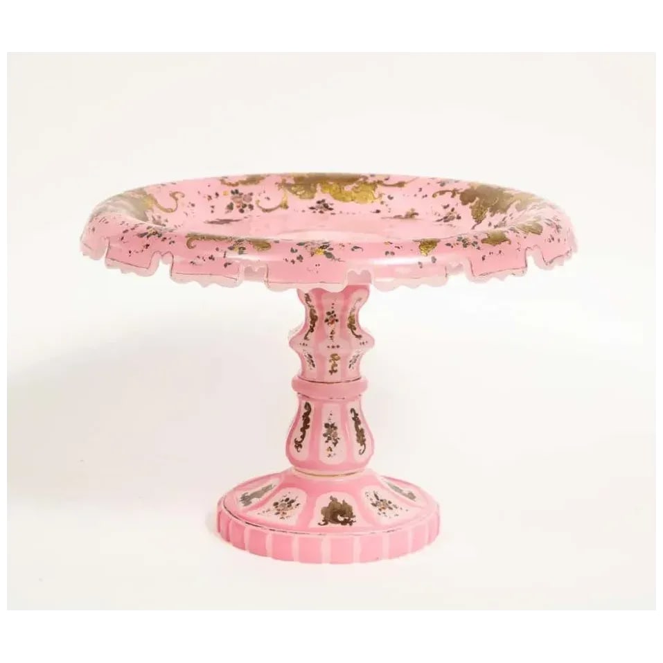 19th Century Pink Triple Overlay Enameled Bohemian Glass Cake Stand - 9
