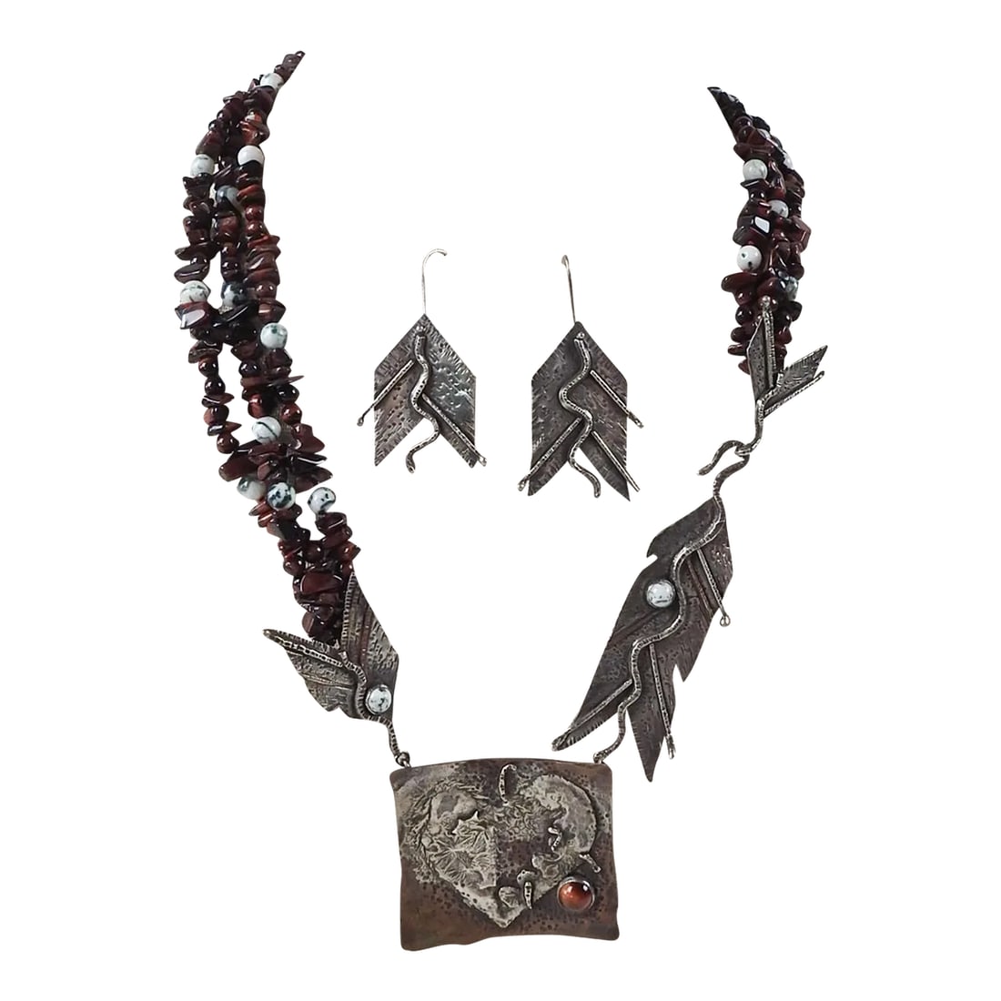 Vintage 1991 Artist Made Sterling Copper Agate Necklace & Earrings: Vintage 1991 one of a kind artist made dimensional sterling silver, red tigereye, copper and agate sculptural asymetrical necklace and earrings by Linda Thompson. Necklace is 26" long, 1"w silver