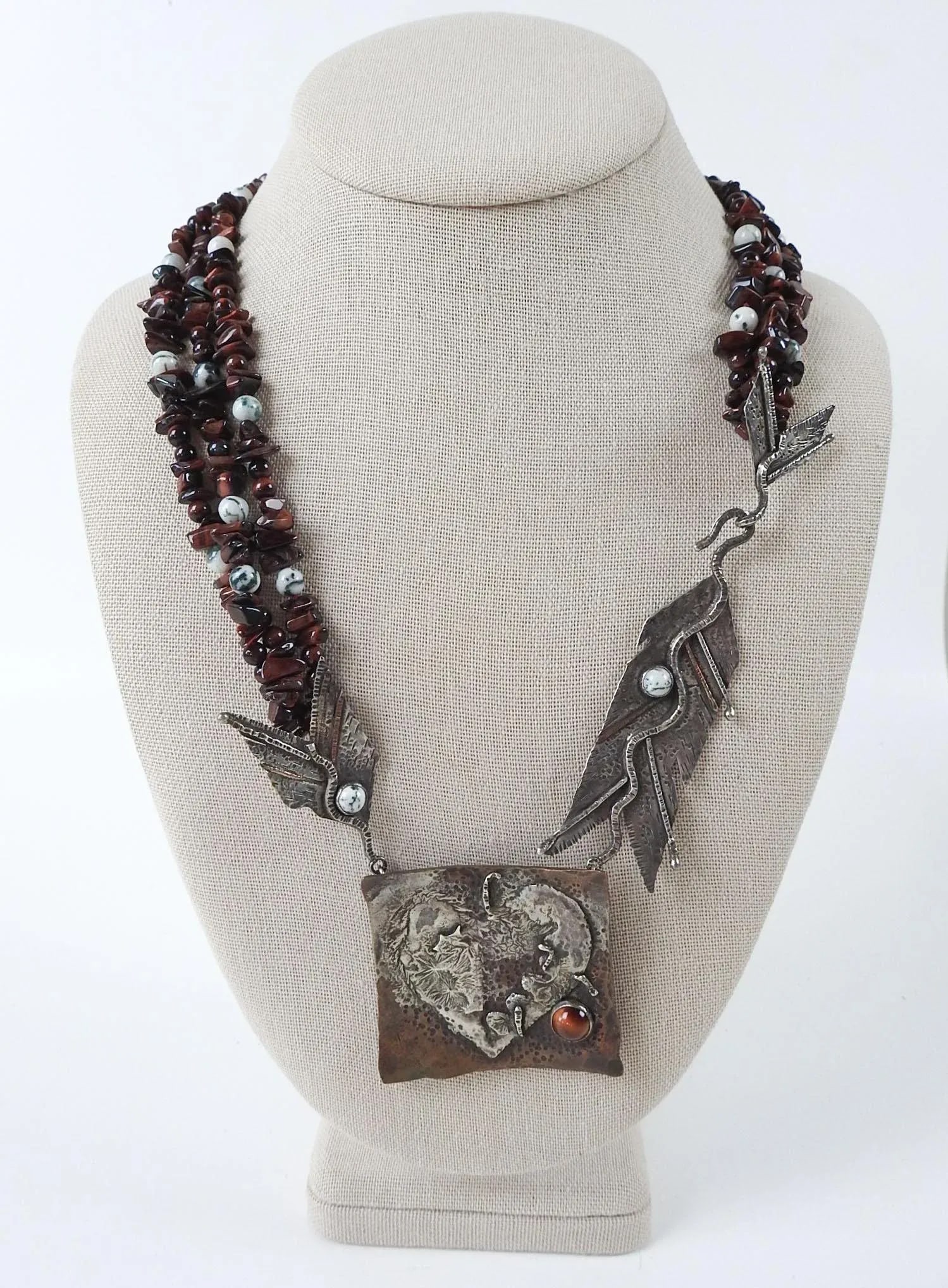 Vintage 1991 Artist Made Sterling Copper Agate Necklace & Earrings - 2