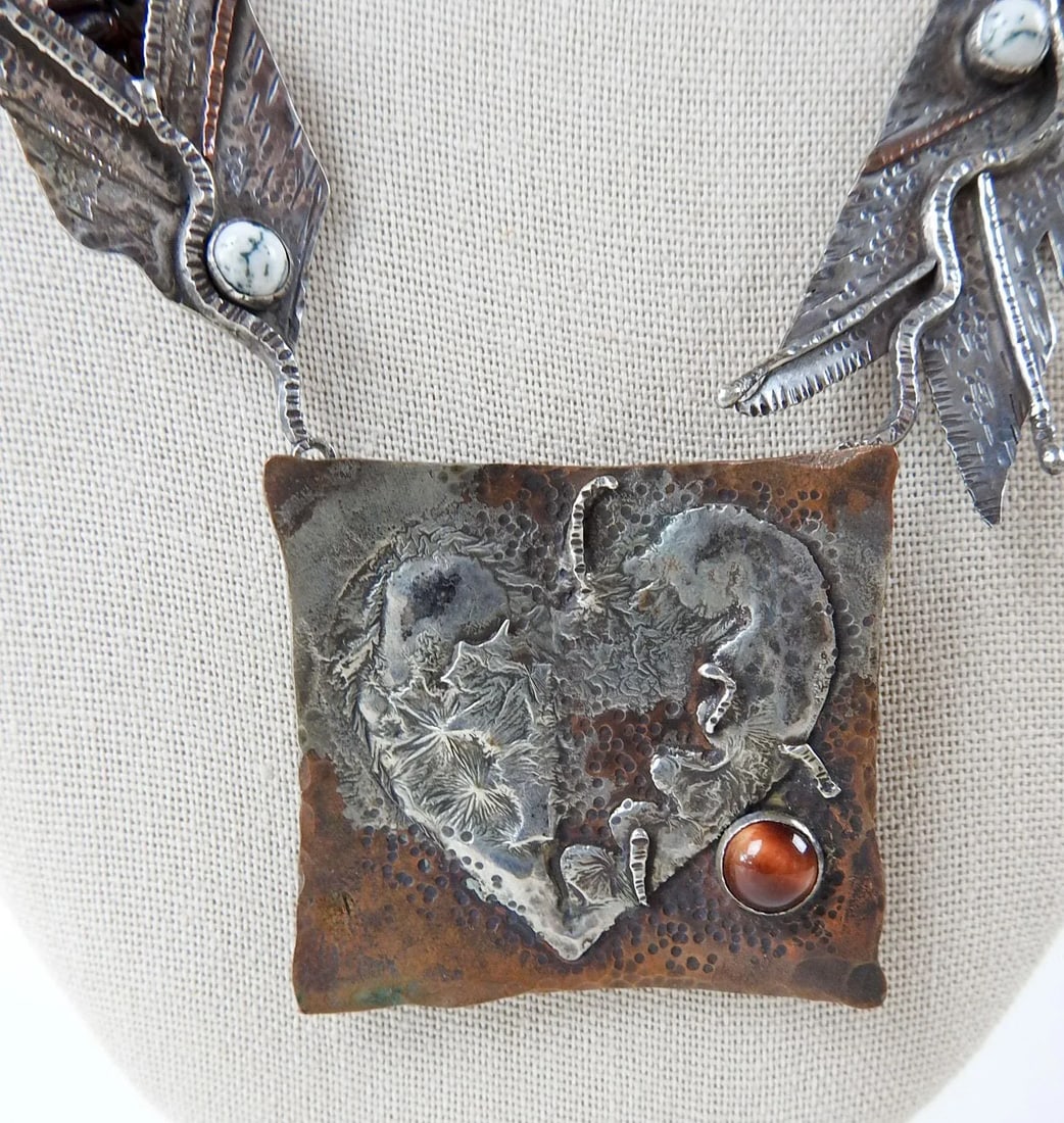 Vintage 1991 Artist Made Sterling Copper Agate Necklace & Earrings - 3