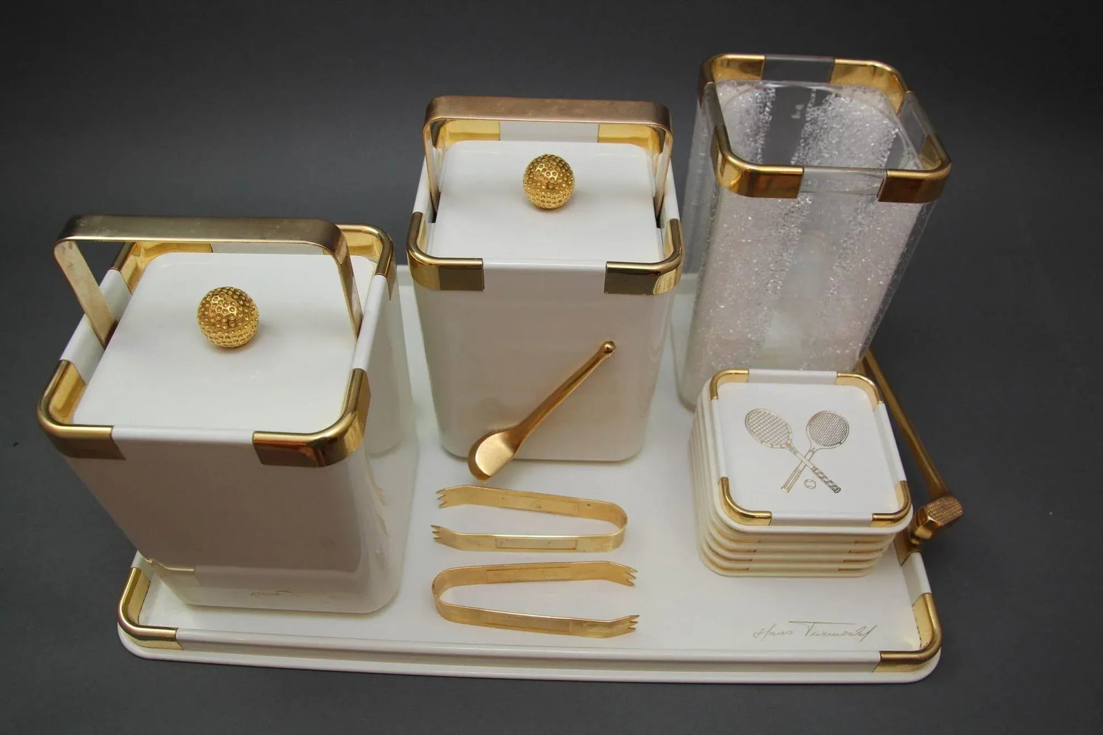 Hans Turnwald White Golf and Tennis Ice Buckets Wine Cooler Tray Set 1970s - 11