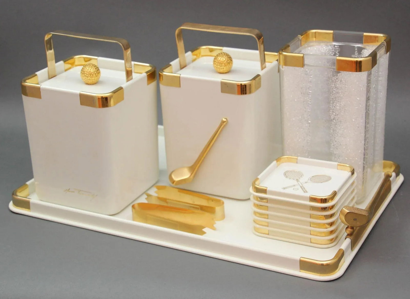 Hans Turnwald White Golf and Tennis Ice Buckets Wine Cooler Tray Set 1970s - 2