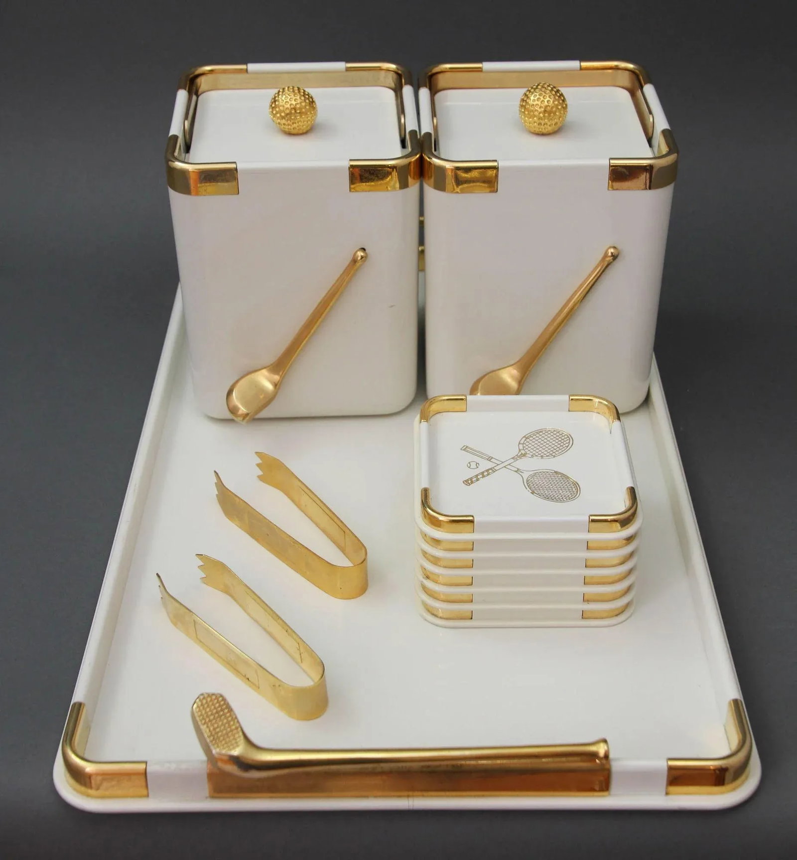 Hans Turnwald White Golf and Tennis Ice Buckets Wine Cooler Tray Set 1970s - 7