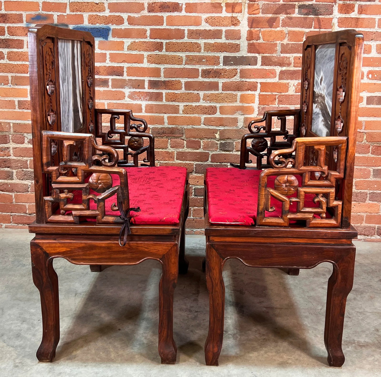 Vintage Carved Chinese Rosewood Arm Chairs With Inset Stone Backs - a Pair - 10