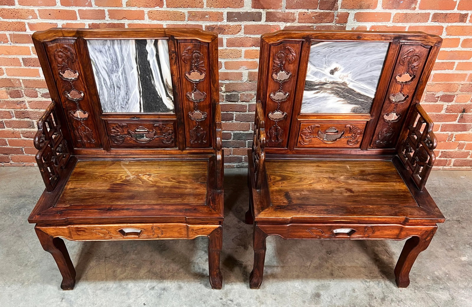 Vintage Carved Chinese Rosewood Arm Chairs With Inset Stone Backs - a Pair - 12
