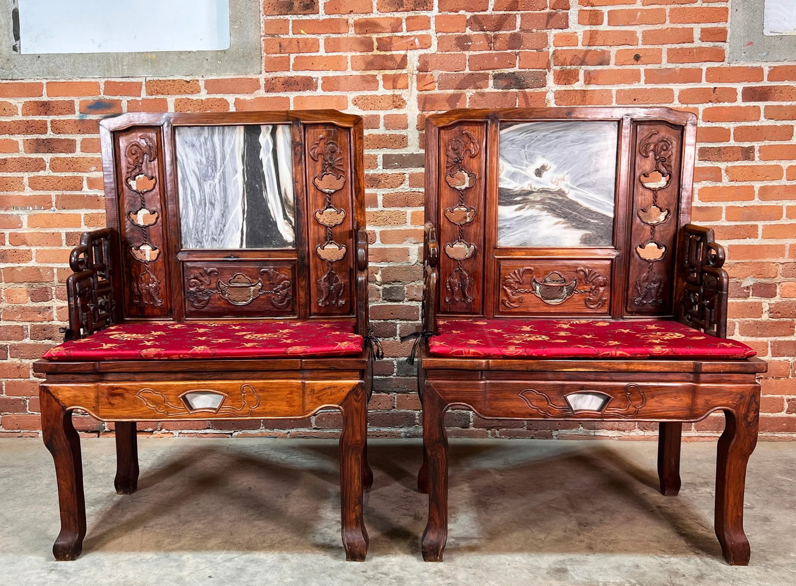 Vintage Carved Chinese Rosewood Arm Chairs With Inset Stone Backs - a Pair - 2