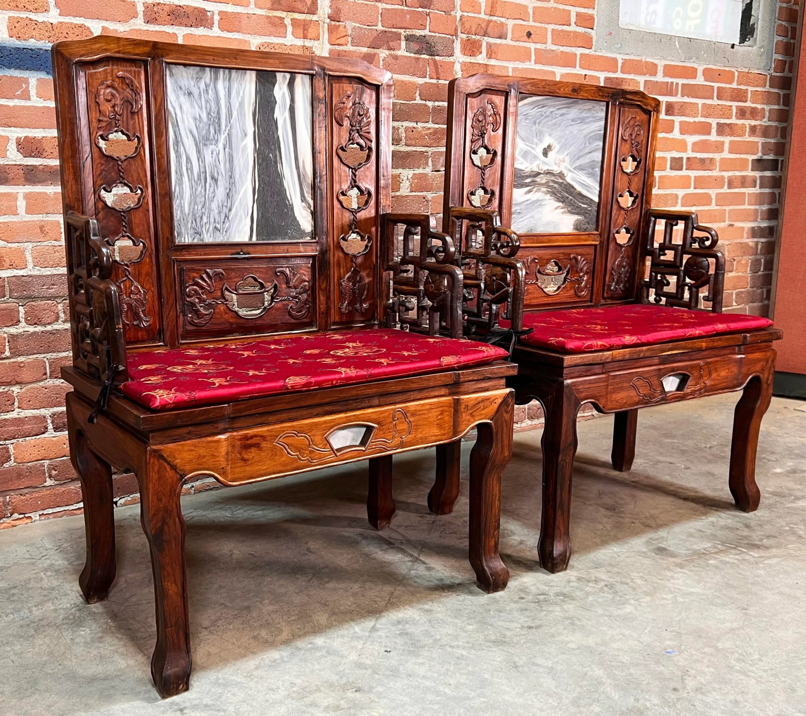 Vintage Carved Chinese Rosewood Arm Chairs With Inset Stone Backs - a Pair - 4